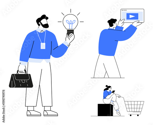 Group of businesspeople engaged in various tasks generating ideas, presenting media content, and online shopping. Ideal for business strategy, innovation, digital marketing, e-commerce, technology