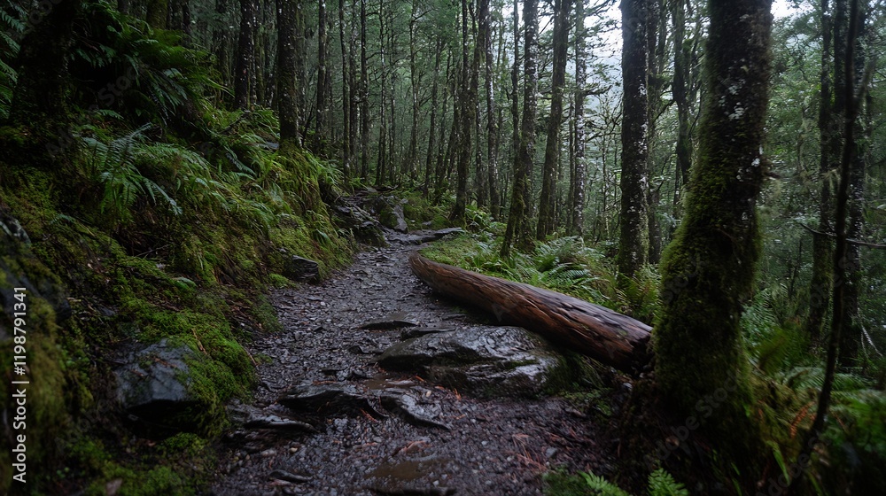 Misty Forest Trail with Ferns and Fallen Trunks in Foggy Woodland Atmosphere : Generative AI Misty Forest Trail with Ferns and Fallen Trunks in Foggy Woodland Atmosphere : Generative AI
