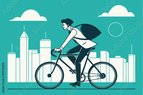 Urban cyclist, business attire, bicycle commuter, city skyline, teal background, minimalist illustration, flat design, geometric buildings, white clouds, eco-friendly transportation, rush hour, corpor