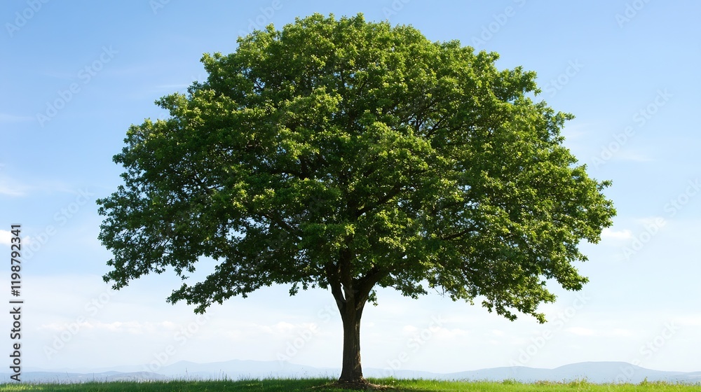 Fototapeta premium Vibrant Green Tree in Open Field with Clear Blue Sky on Warm Sunny Day : Generative AI