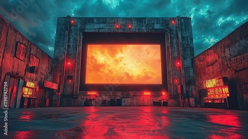 Post-apocalyptic drive-in movie theater with fiery sunset on screen.