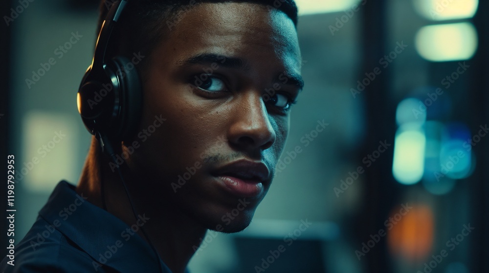 Young Black man with headphones in urban night setting. Ideal for urban lifestyle, music culture, and modern youth themes. Young Black man with headphones in urban night setting. Ideal for urban lifestyle, music culture, and modern youth themes.
