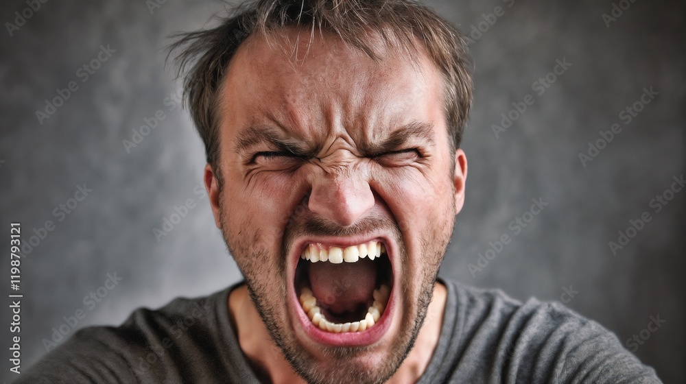 Man expressing intense anger on gray background. Represents emotional release, stress management, and mental health awareness. Man expressing intense anger on gray background. Represents emotional release, stress management, and mental health awareness.