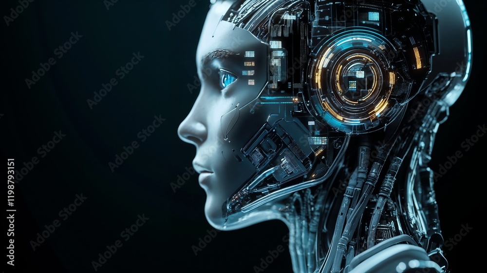 Female robot profile with glowing circuit details in dark setting. Perfect for artificial intelligence, robotics, and technological advancement concepts. Female robot profile with glowing circuit details in dark setting. Perfect for artificial intelligence, robotics, and technological advancement concepts.