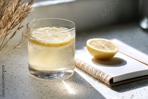 Glass of rice water with lime, notepad, and wheat on table