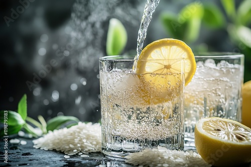 Lemon slice in fizzy rice water glass
