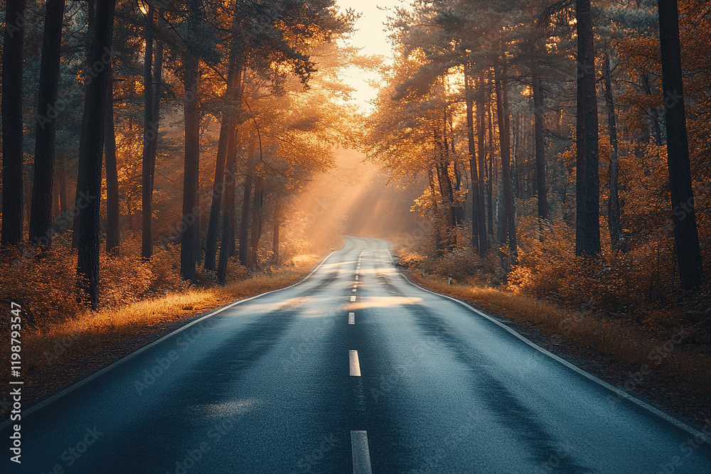 Obraz premium Silhouette of a car on empty beautiful road surrounded by trees at golden hour. Generated by artificial intelligence.