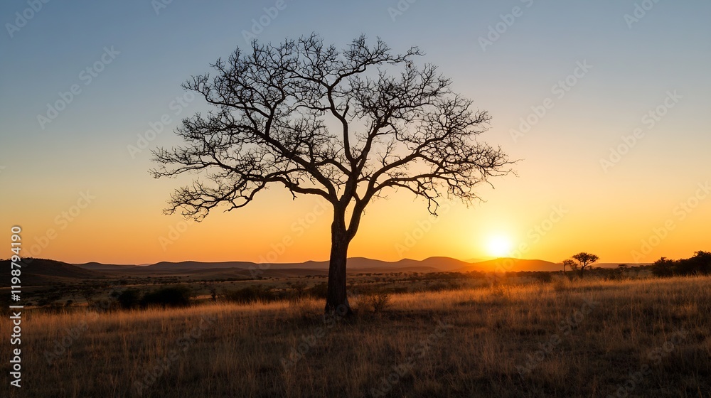 Sunset Behind a Lone Tree Standing in a Golden Savanna Landscape : Generative AI Sunset Behind a Lone Tree Standing in a Golden Savanna Landscape : Generative AI