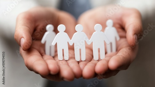 Hands holding paper cutout figures on neutral background. Illustrates community care, social support, and collective responsibility.