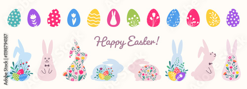 Easter eggs and bunny set. Cute decoration with spring flower for banner, card, poster. Bright floral pattern. Vector illustration.