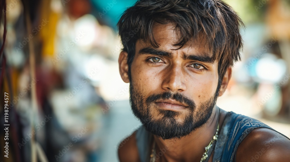 Obraz premium Rugged portrait of man with beard in natural lighting. Ideal for authentic masculinity, personal style, and modern male beauty.
