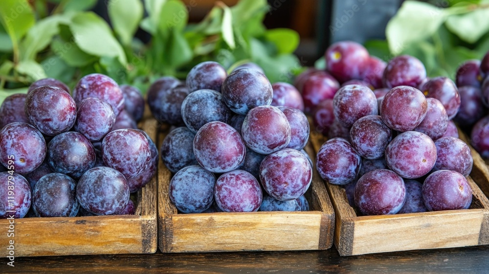 Fototapeta premium Freshly harvested purple plums in wooden crates displayed on market stand