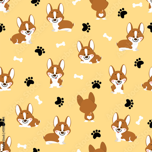 Cute corgi puppy dog cartoon character seamless pattern and background. Kawaii friendly pet animal wallpaper. -vector