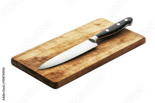 Sharp kitchen knife rests on a wooden cutting board, ready for meal preparation and cooking activities