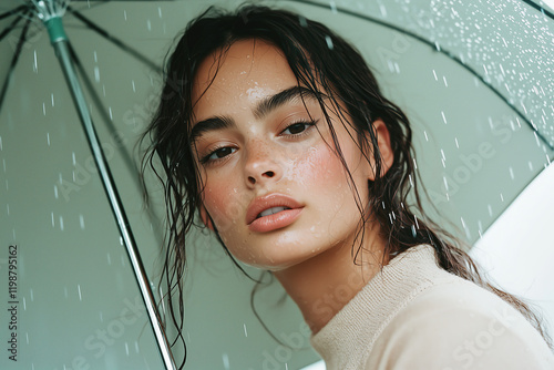 Beautiful woman with umbrella enjoying rain in an outdoor setting, showcasing elegance amidst the drops