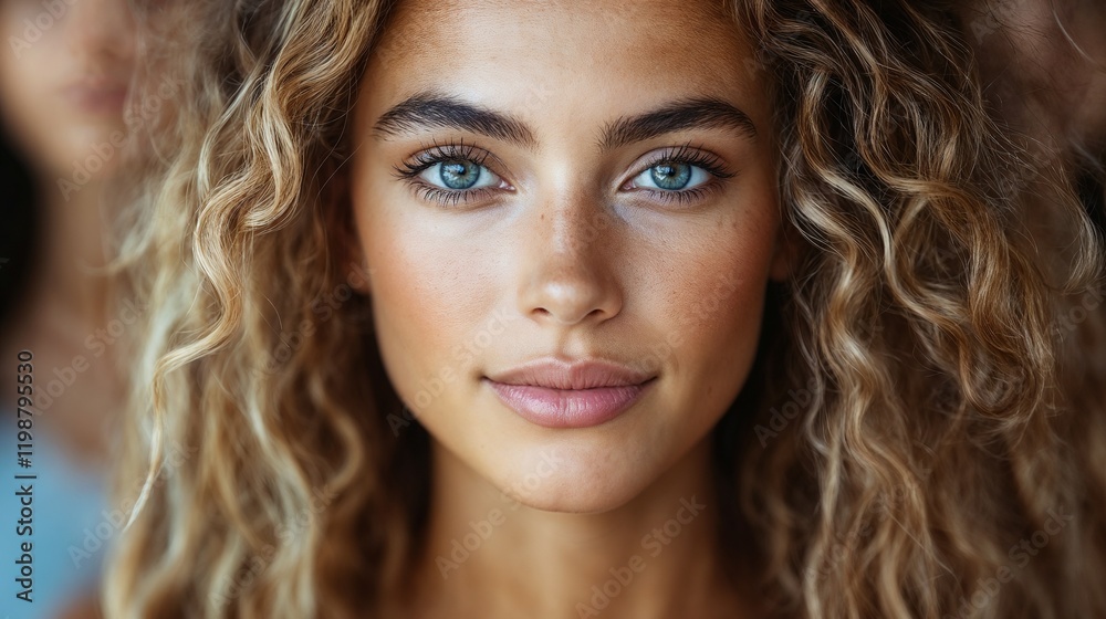 Natural beauty portrait of woman with curly hair. Perfect for authentic beauty, natural lifestyle, and modern femininity.