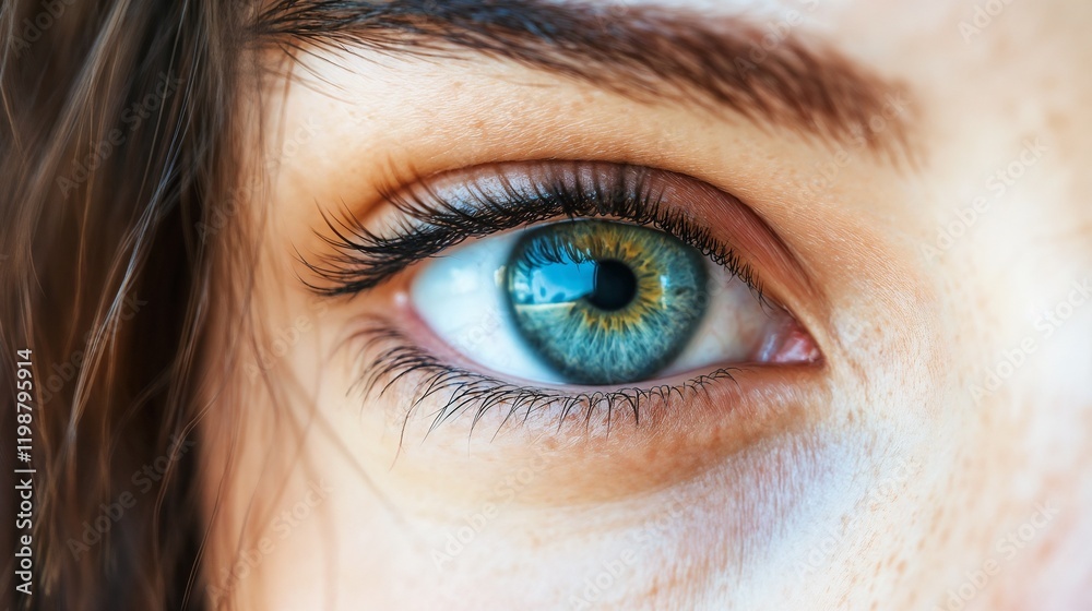 Fototapeta premium Extreme close-up of blue-green human eye. Perfect for vision care, optometry services, or personal identity concepts.