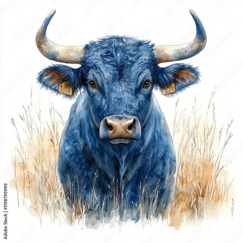 Majestic Blue Bull in Field Watercolor Painting Farm Animal Portrait Majestic Blue Bull in Field Watercolor Painting Farm Animal Portrait