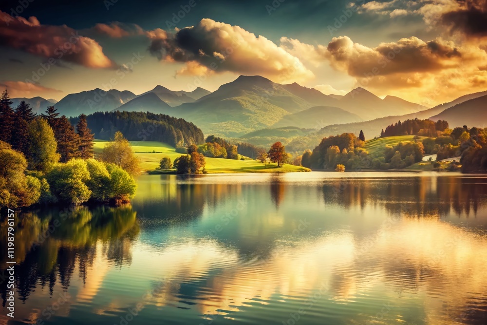 Fototapeta premium Vintage Lake Landscape: Serene Mountain View, Retro Photography