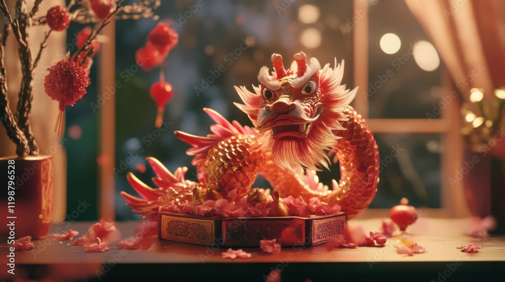 Naklejka premium Golden Dragon Figurine with Pink Flowers on a Festive Tabletop