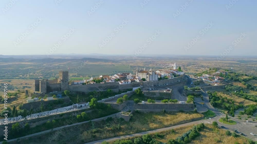 Drone flying towards to Monsaraz Castle on majestic Hilltop, Alentejo Landscape. Portugal Drone flying towards to Monsaraz Castle on majestic Hilltop, Alentejo Landscape. Portugal