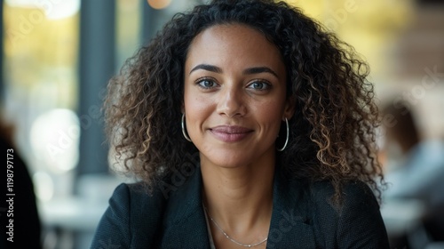 Professional African American woman with natural curls smiling. Perfect for workplace diversity, female leadership, or corporate success stories.