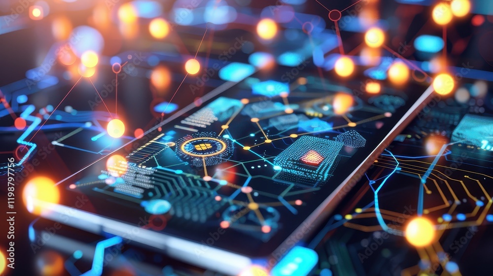 Fototapeta premium Blockchain Technology Integrating Finance on a Tablet Display