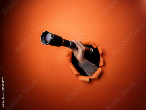 A hand holding a telescope reaches through a torn orange background, searching for something beyond.  The scene symbolizes exploration and discovery.