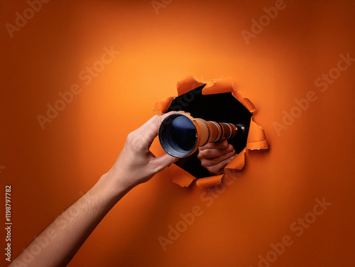 A hand holds a telescope through a torn orange paper backdrop.  The scene suggests exploration, discovery, and looking beyond the surface.