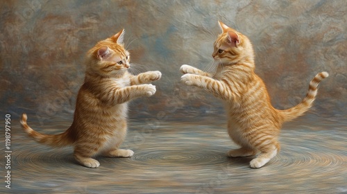 Two playful orange tabby kittens standing and facing each other against artistic background photo