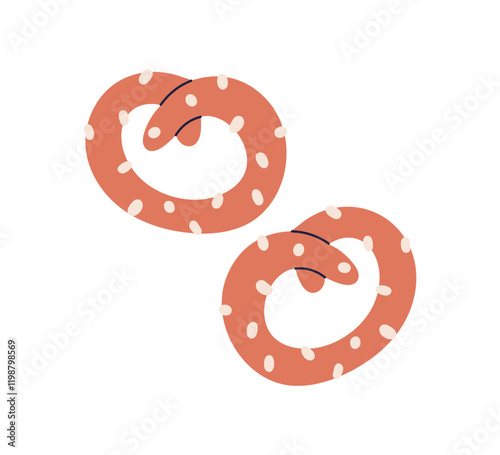 Pretzels, German dough bakery, snack with sesame seeds. Bavarian bretzels, baked salty knot buns. Traditional bread, salted food. Flat graphic vector illustration isolated on white background