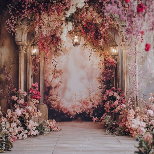 Romantic floral archway backdrop with lanterns and stone columns.