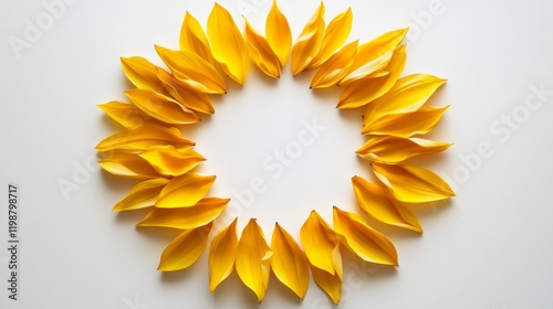 Sun design crafted from sunflower petals arranged in a circular shape on a white background.  photo