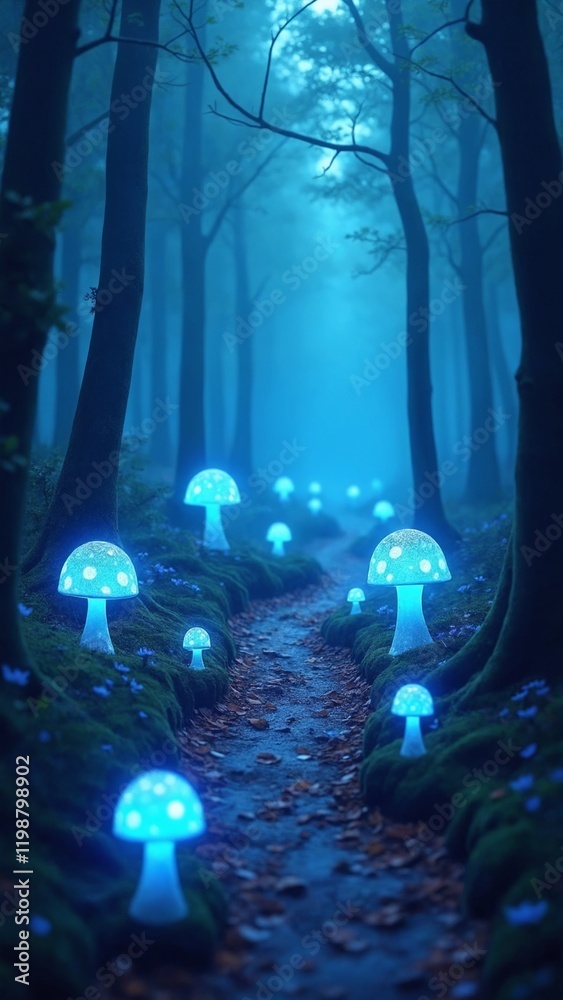 Obraz premium Enchanted Forest Path with Glowing Blue Mushrooms and Dreamy Atmosphere