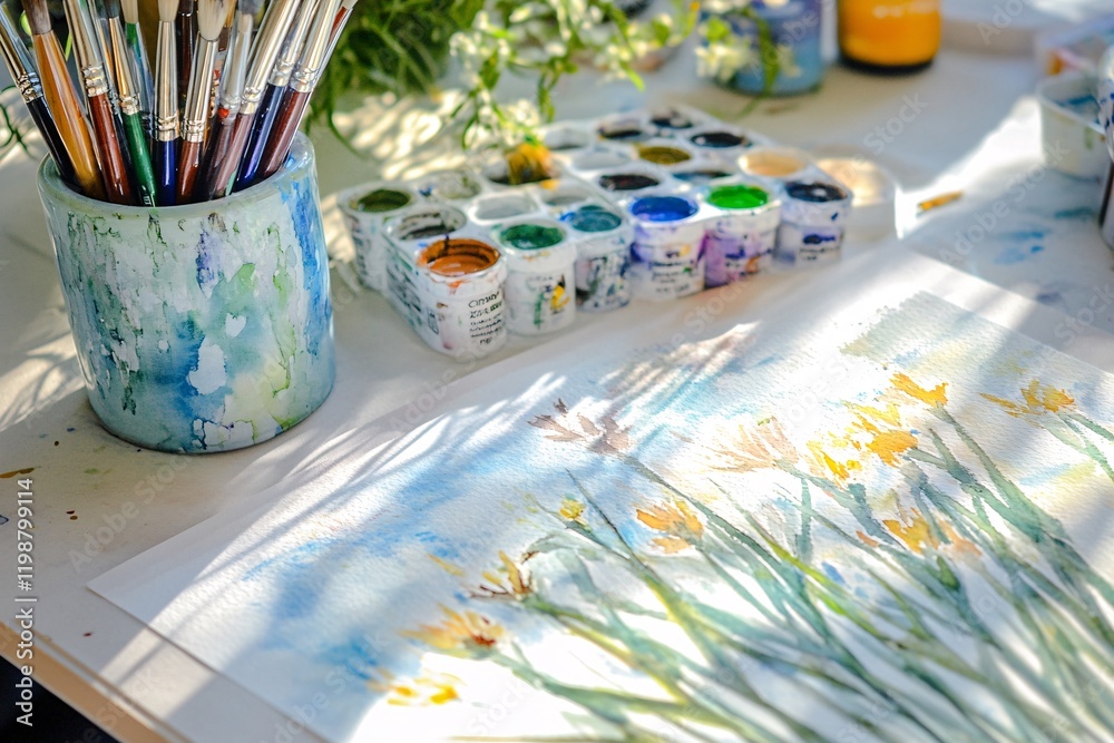 Fototapeta premium watercolor painting with brushes and paints