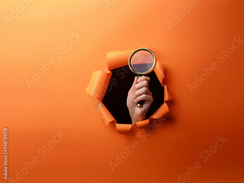 A hand holds a magnifying glass through a torn orange paper background.  The image symbolizes investigation, discovery, and exploration.