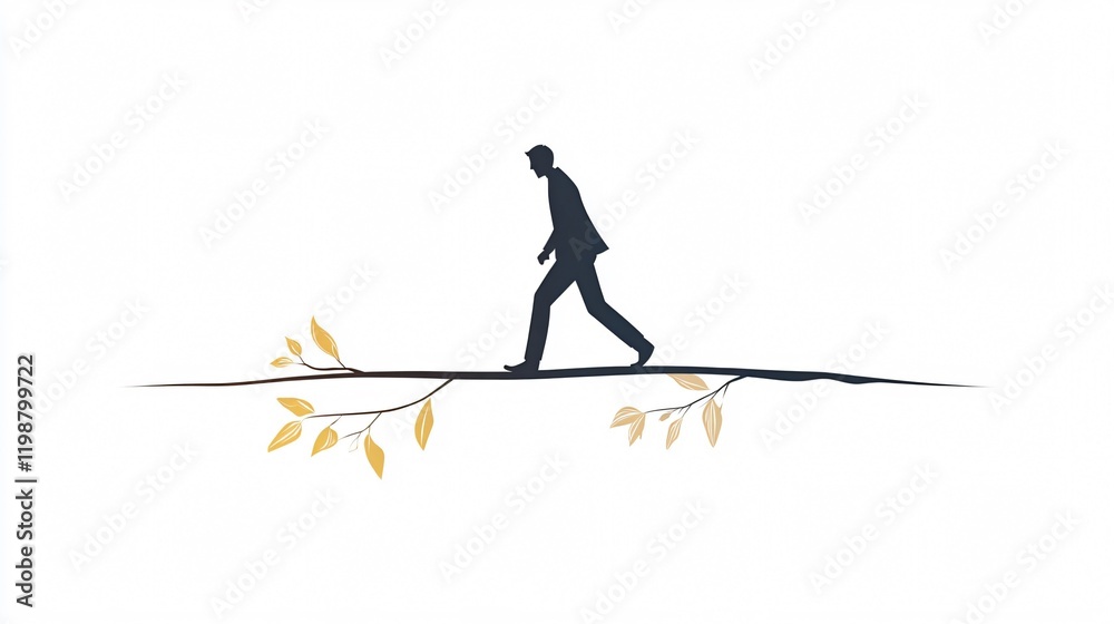 Fototapeta premium Man Walking on a Thin Branch with Golden Leaves: A Visual Metaphor for Risk, Decision-Making, and Problem-Solving in Uncertain Times