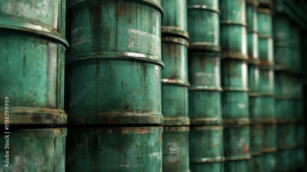 Stacked green oil barrels for industrial or sustainable use. Stacked green oil barrels for industrial or sustainable use.