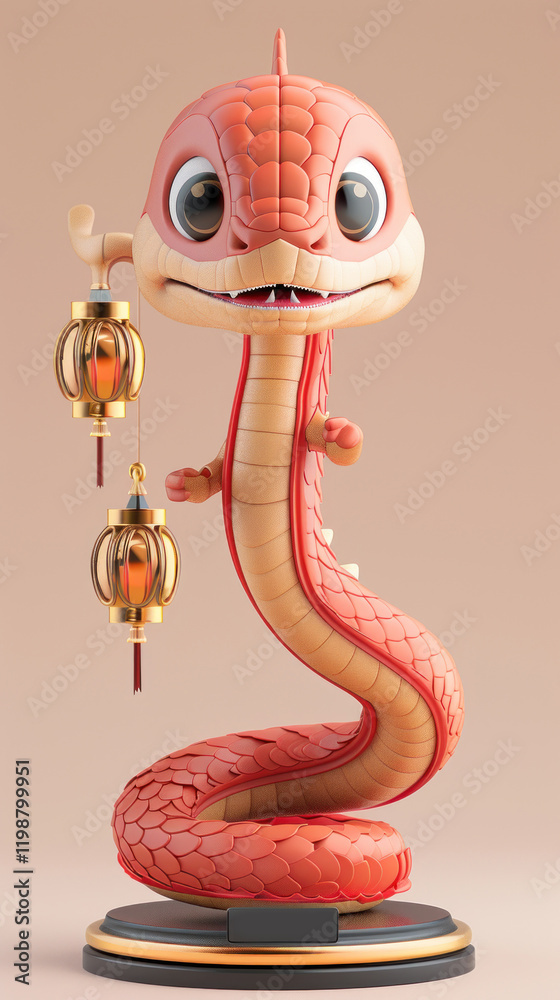 Fototapeta premium Colorful Cartoon Snake Character Chinese New Year Holding Lanterns in a Creative Pose with a Playful Expression, Perfect for Children's Designs and Illustrations