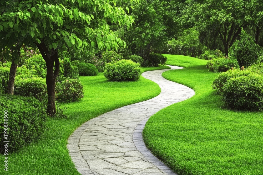 A winding stone path through a vibrant green park, surrounded by lush trees and manicured lawns, under a clear blue sky. A winding stone path through a vibrant green park, surrounded by lush trees and manicured lawns, under a clear blue sky.
