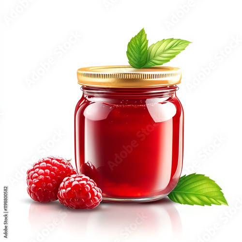 A vibrant jar of raspberry jam surrounded by fresh raspberries and mint leaves, perfect for breakfast or dessert. photo