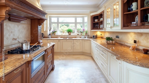 Luxurious kitchen with granite countertops, wooden cabinetry, and large window.