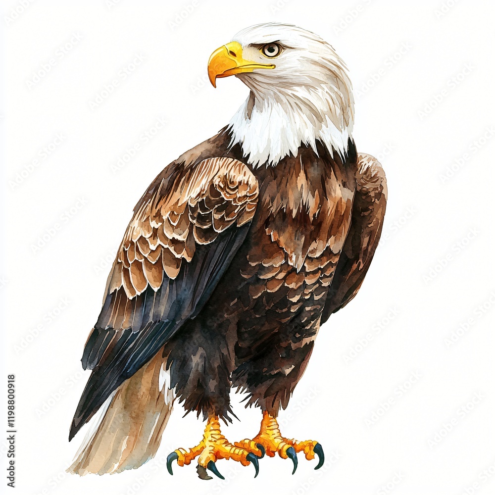 Obraz premium Majestic Bald Eagle Watercolor Painting Wildlife Bird Portrait Detailed Feathers American Eagle