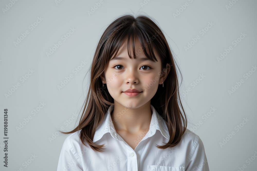 Portrait of a Young Asian Woman with Brown Hair Wearing a White Shirt Portrait of a Young Asian Woman with Brown Hair Wearing a White Shirt