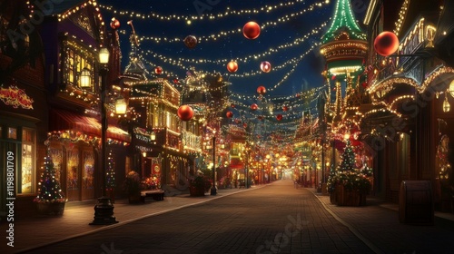 Magical Christmas Town at Night with Glowing Lights and Festive Decorations