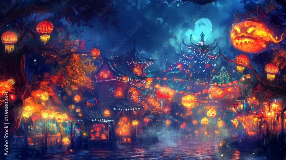 Obraz premium Enchanted Halloween Town at Night with Glowing Lanterns