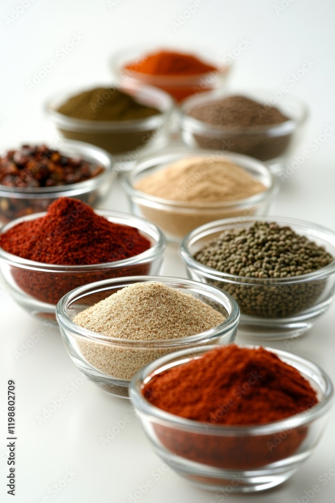 An array of vibrant spices presented in glass bowls, perfect for enhancing culinary creations. Ideal for food photography, cooking blogs, and recipe designs. An array of vibrant spices presented in glass bowls, perfect for enhancing culinary creations. Ideal for food photography, cooking blogs, and recipe designs.