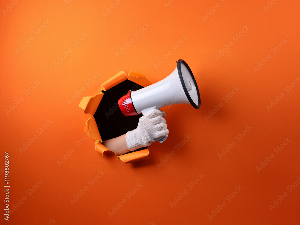 A hand in a white glove bursts through an orange background, holding a megaphone. The scene symbolizes an urgent announcement or important message. A hand in a white glove bursts through an orange background, holding a megaphone. The scene symbolizes an urgent announcement or important message.