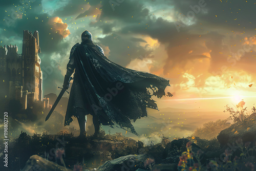 Fantastic beautiful royal knight in iron armor guards castle chambers, abstract vivid composition consists of fictional unreal fantastic vision on background