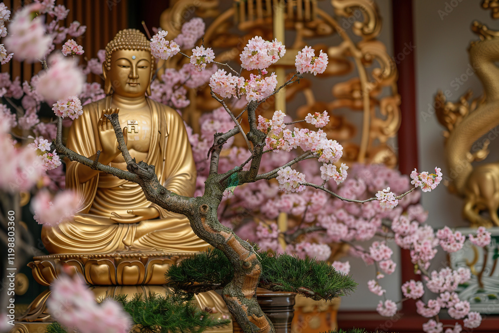 Obraz premium Greeting card with ancient statue great Buddha on bright holiday composition, abstract vivid composition consists of fictional unreal fantastic vision on background